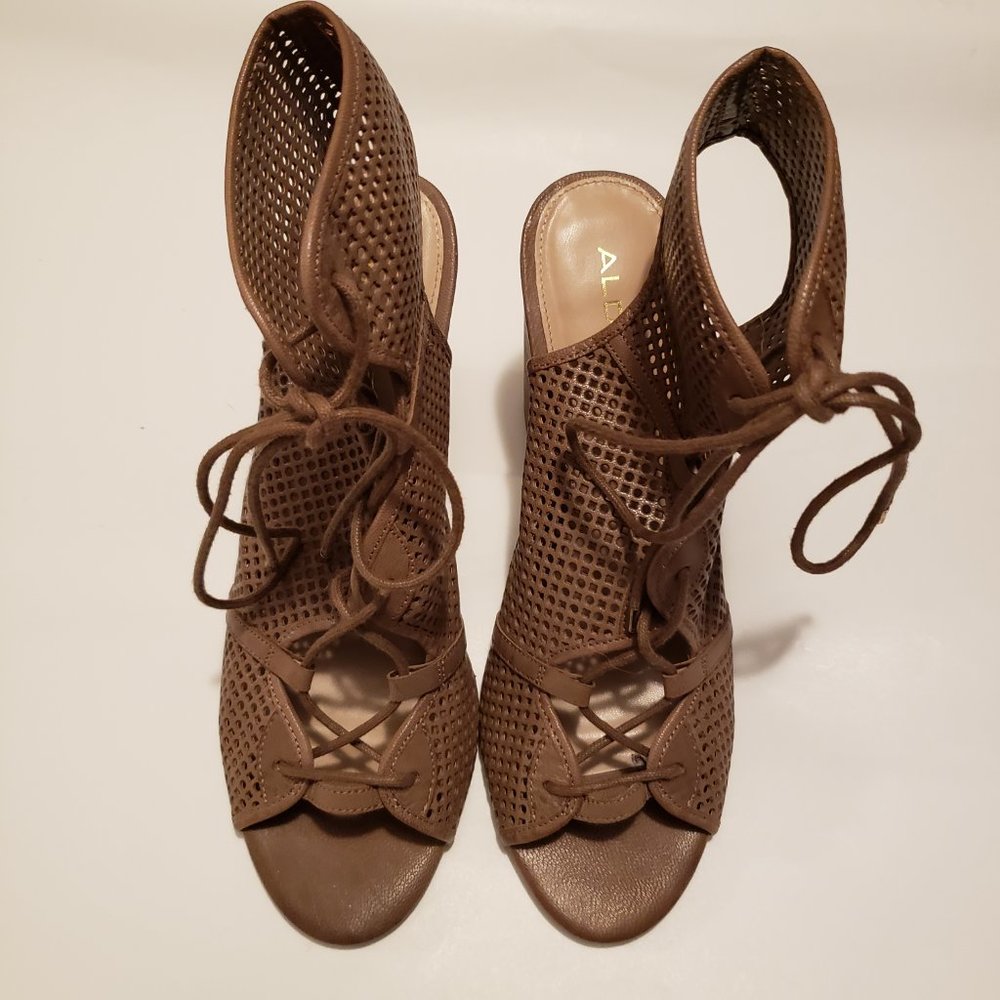 ALDO Women's Alicya Lace-Up Wood Block-Heel Tan Sandals Peep Open Toe 10 Fair